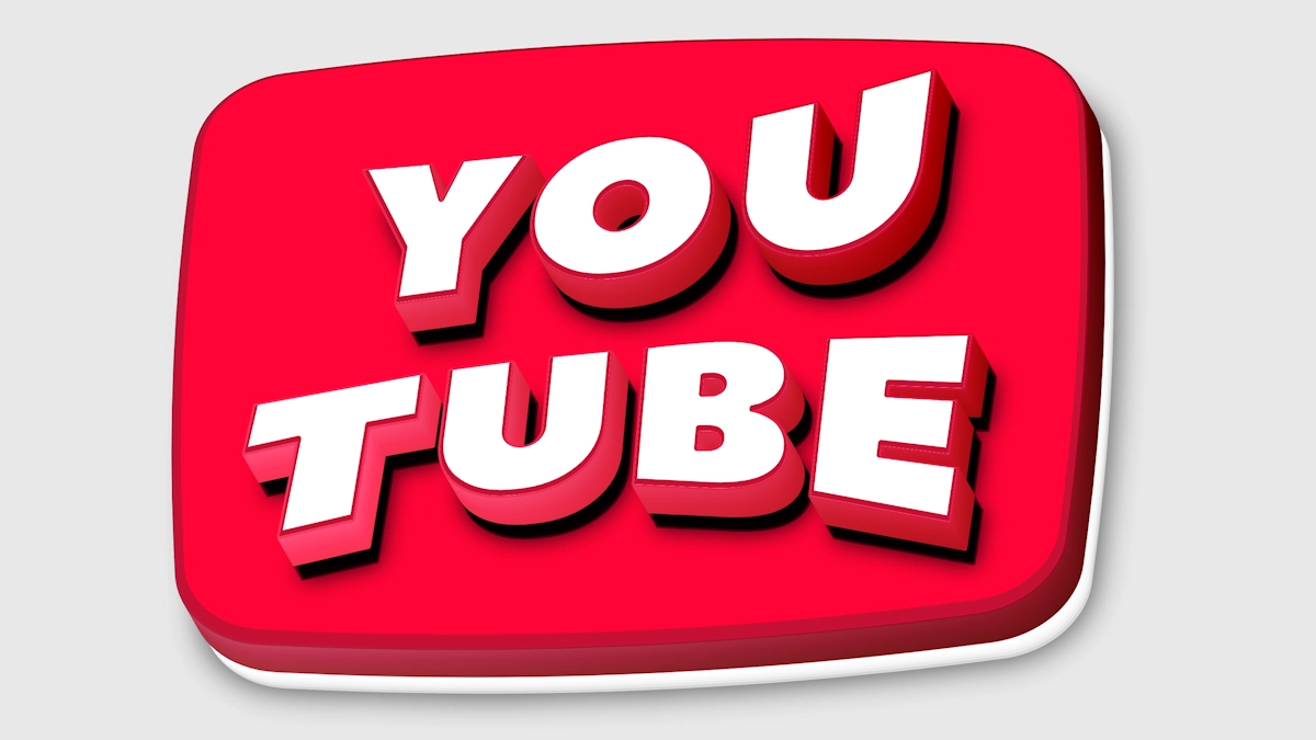 赤いバッジ上の白い3Dテキスト、YouTubeボタンスタイル